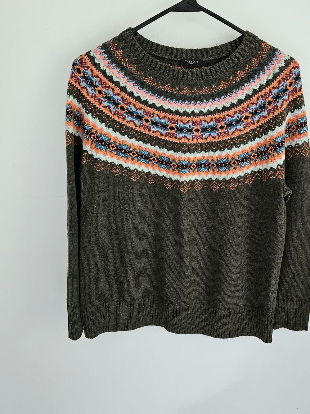 Talbots Olive Crewneck Sweater with Colorful Fair Isle Yoke